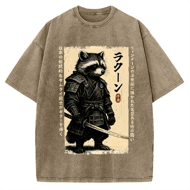 Unisex Raccoon Japanese Samurai Printed Washed Tee