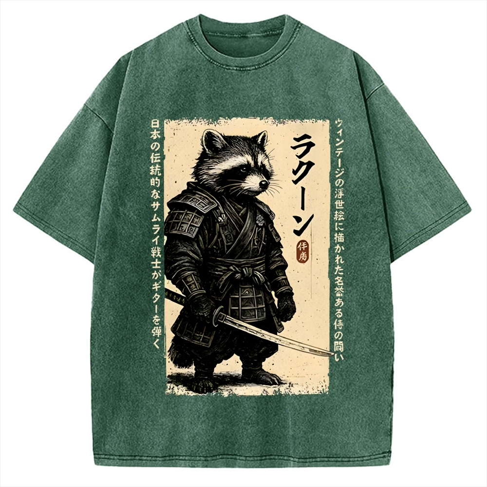Unisex Raccoon Japanese Samurai Printed Washed Tee