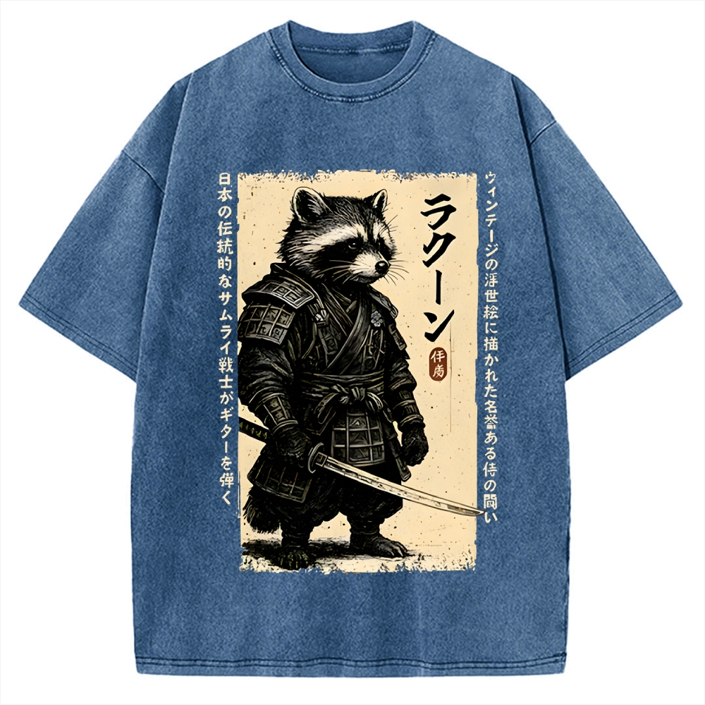 Unisex Raccoon Japanese Samurai Printed Washed Tee