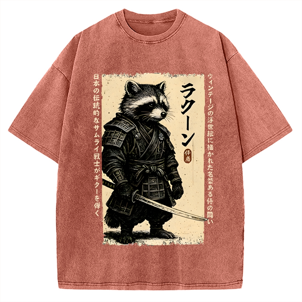 Unisex Raccoon Japanese Samurai Printed Washed Tee