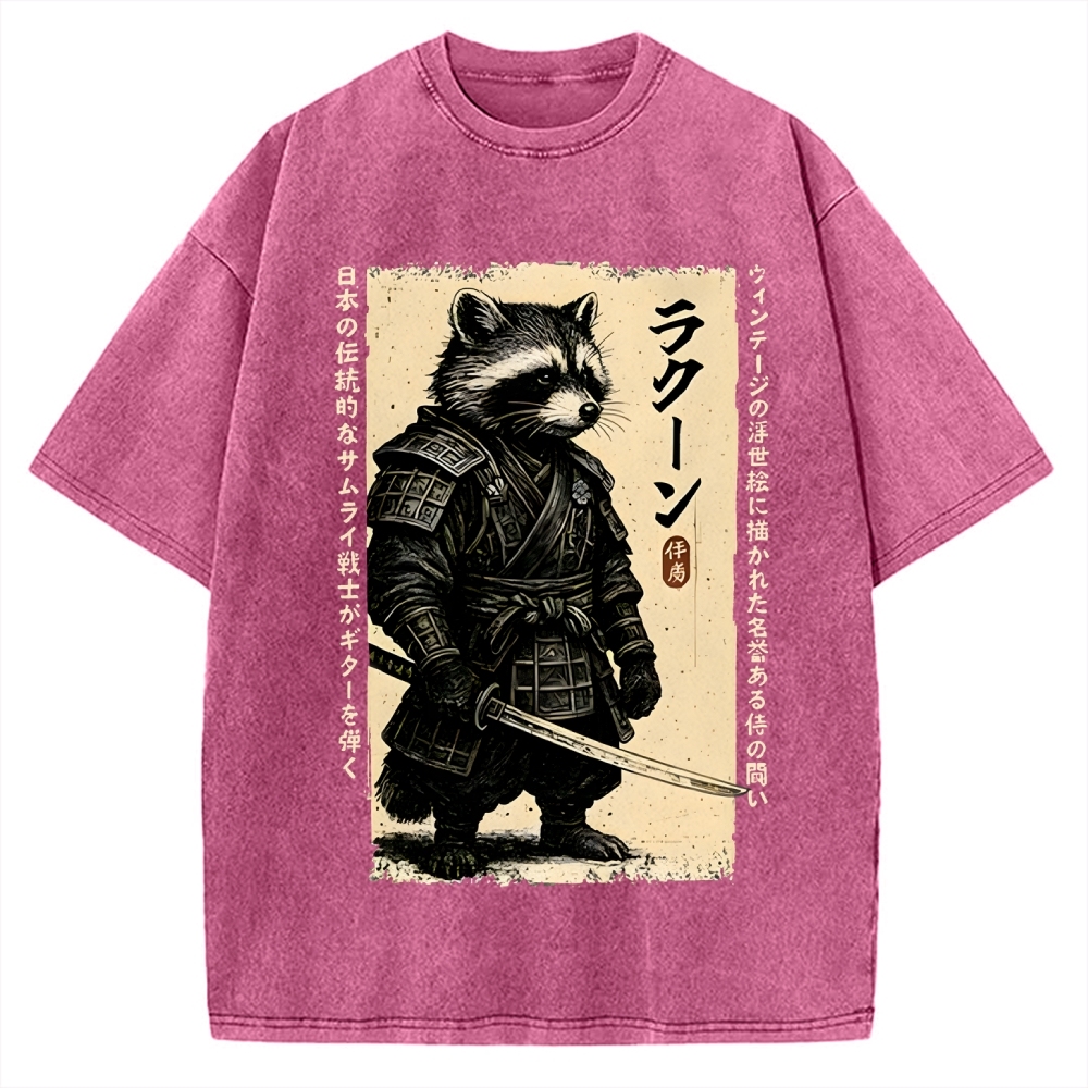 Unisex Raccoon Japanese Samurai Printed Washed Tee