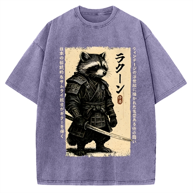 Unisex Raccoon Japanese Samurai Printed Washed Tee
