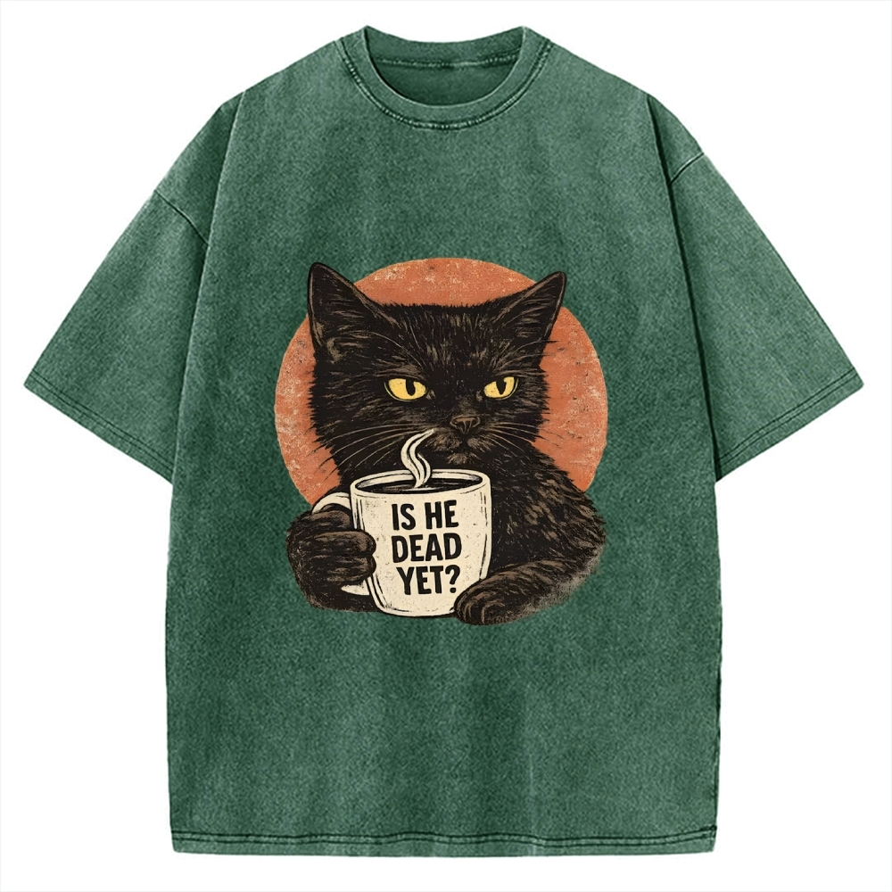 Unisex Is He Dead Yet Black Cat Printed Washed Tee