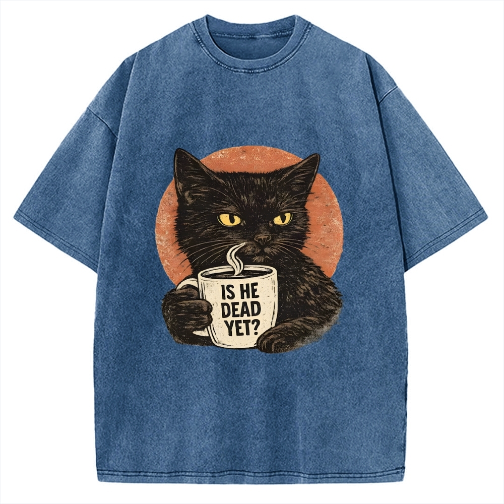 Unisex Is He Dead Yet Black Cat Printed Washed Tee
