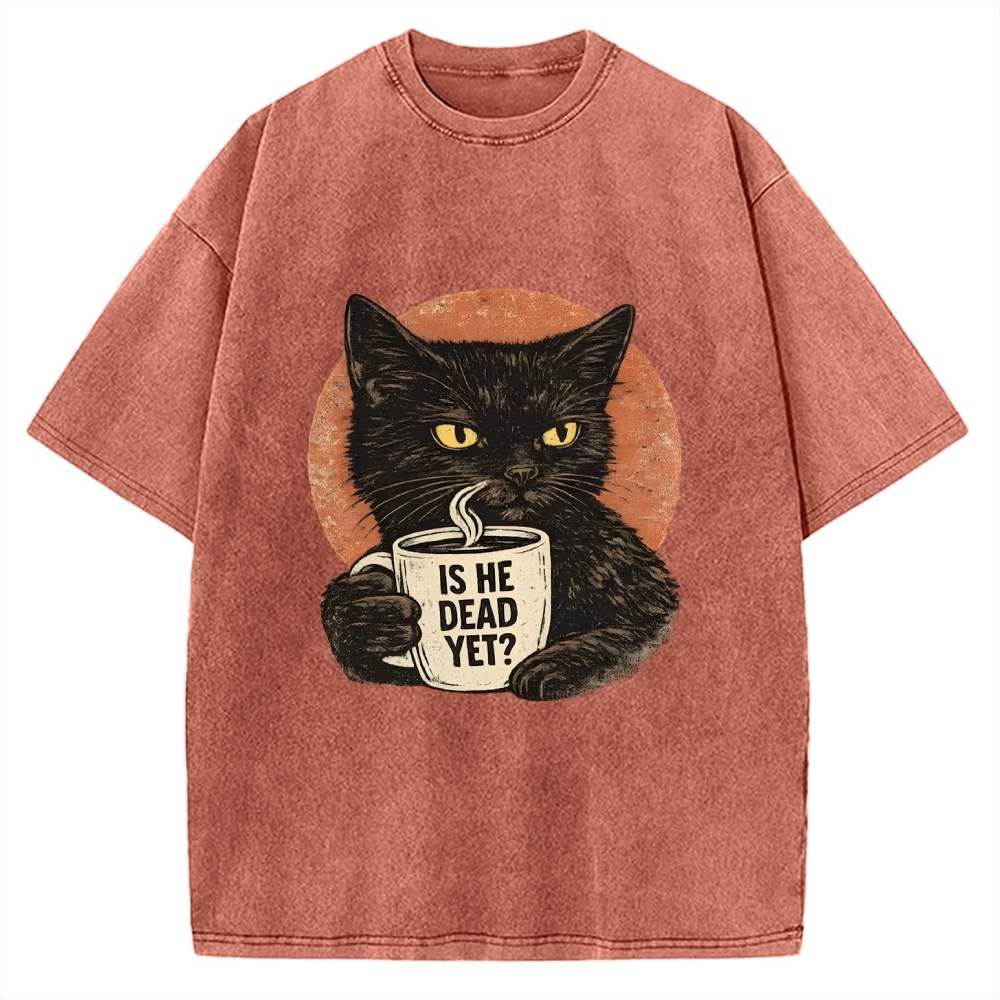 Unisex Is He Dead Yet Black Cat Printed Washed Tee