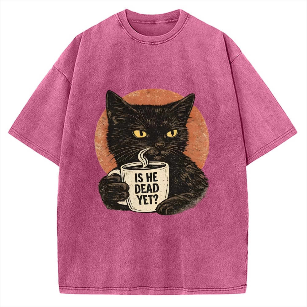 Unisex Is He Dead Yet Black Cat Printed Washed Tee