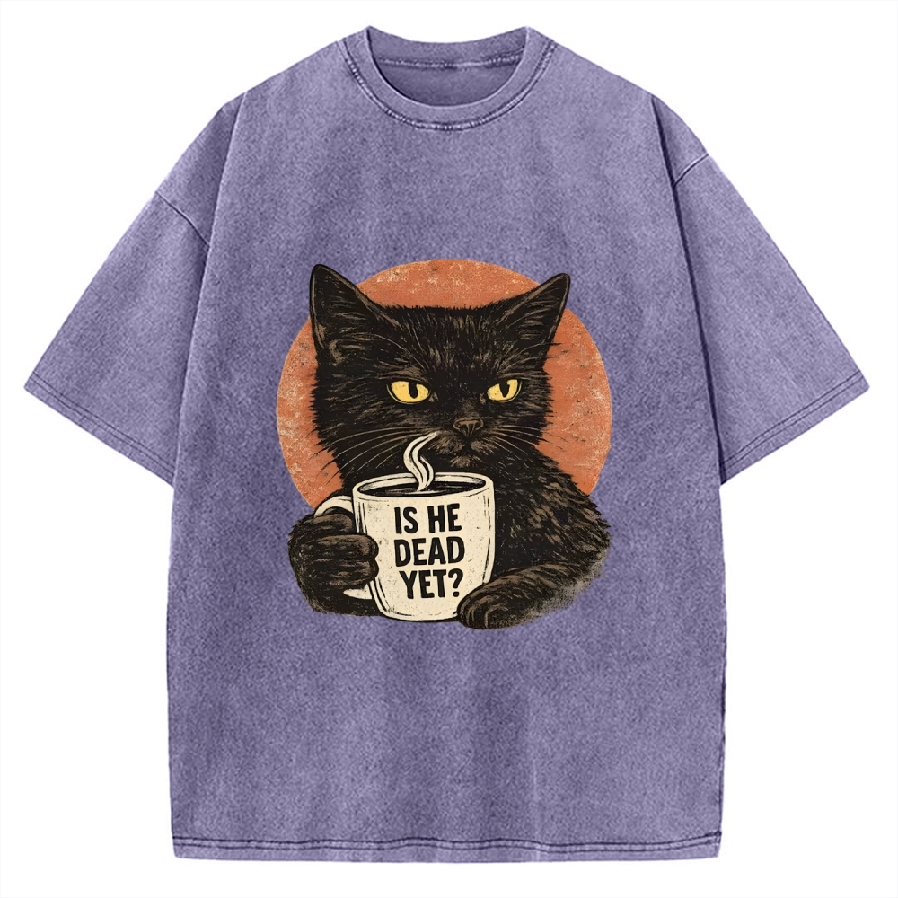 Unisex Is He Dead Yet Black Cat Printed Washed Tee