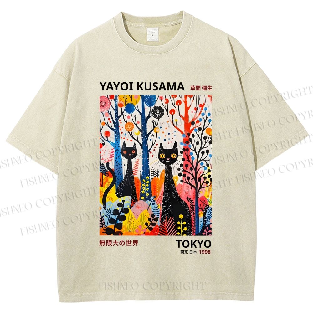 Unisex Yayoi Kusama Flower Cat Printed Washed Tee