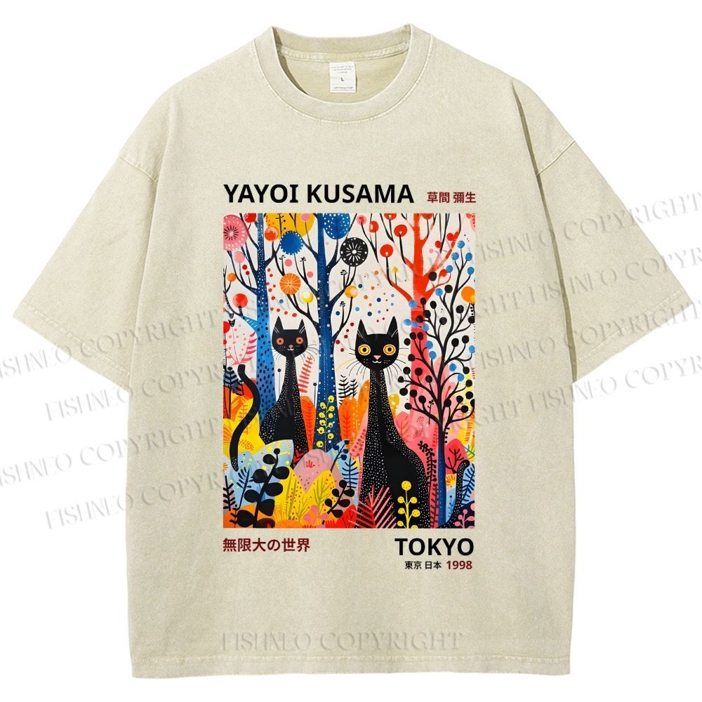 Unisex Yayoi Kusama Flower Cat Printed Washed Tee