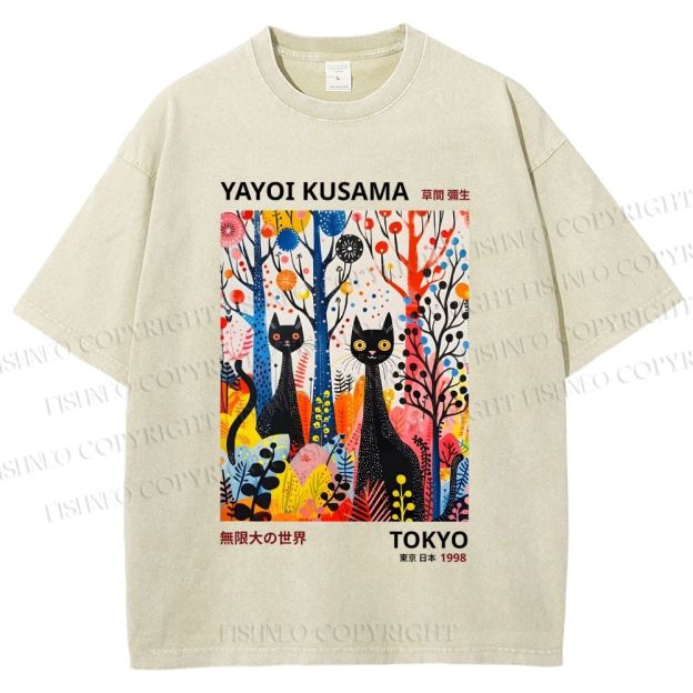 Unisex Yayoi Kusama Flower Cat Printed Washed Tee