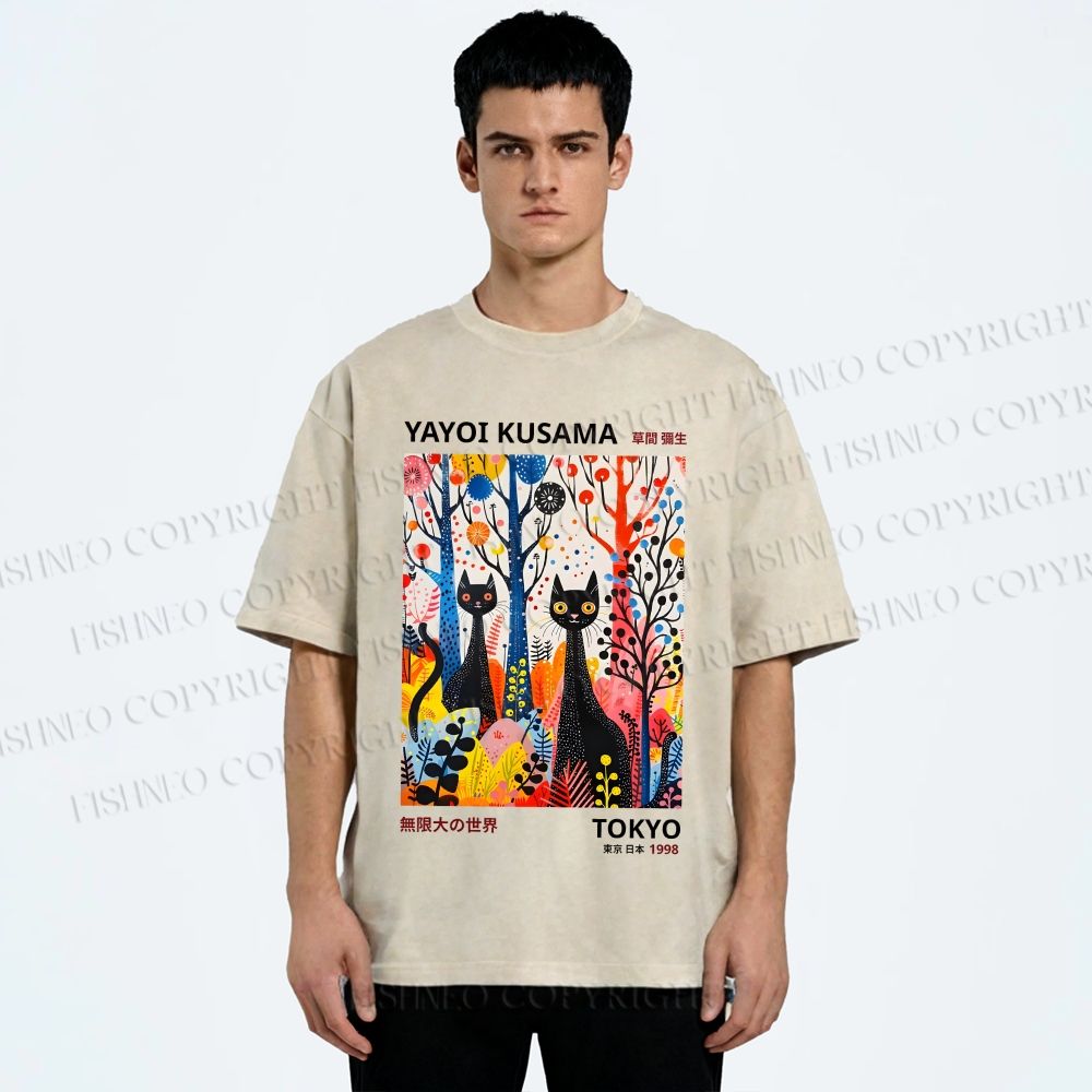 Unisex Yayoi Kusama Flower Cat Printed Washed Tee