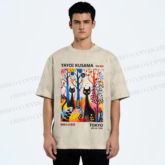 Unisex Yayoi Kusama Flower Cat Printed Washed Tee
