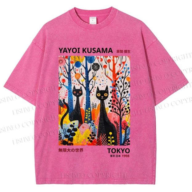 Unisex Yayoi Kusama Flower Cat Printed Washed Tee