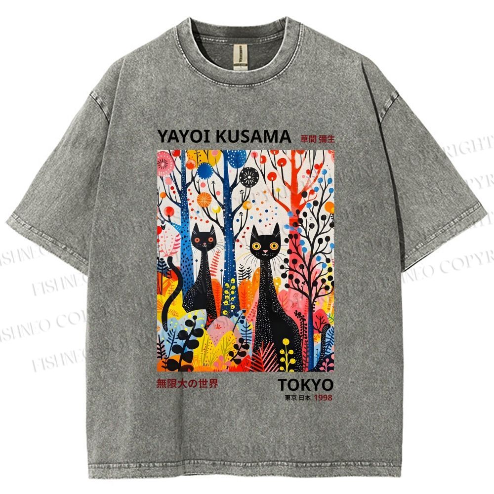 Unisex Yayoi Kusama Flower Cat Printed Washed Tee