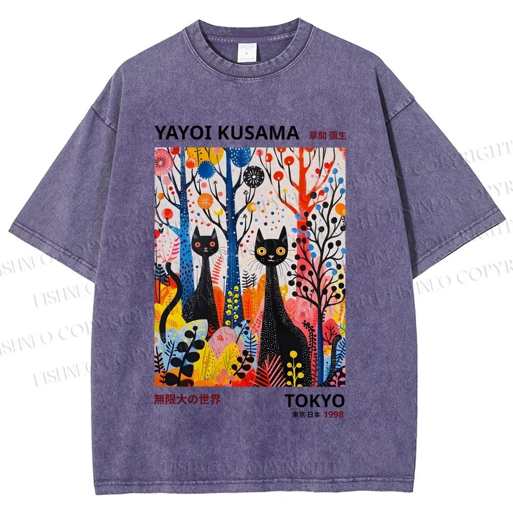 Unisex Yayoi Kusama Flower Cat Printed Washed Tee