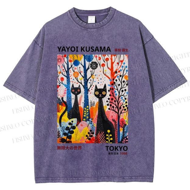 Unisex Yayoi Kusama Flower Cat Printed Washed Tee