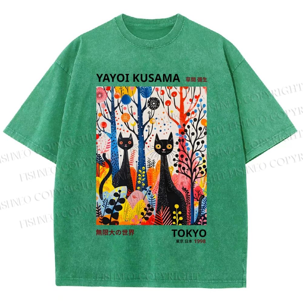 Unisex Yayoi Kusama Flower Cat Printed Washed Tee