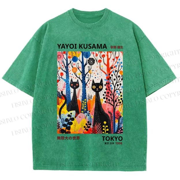 Unisex Yayoi Kusama Flower Cat Printed Washed Tee