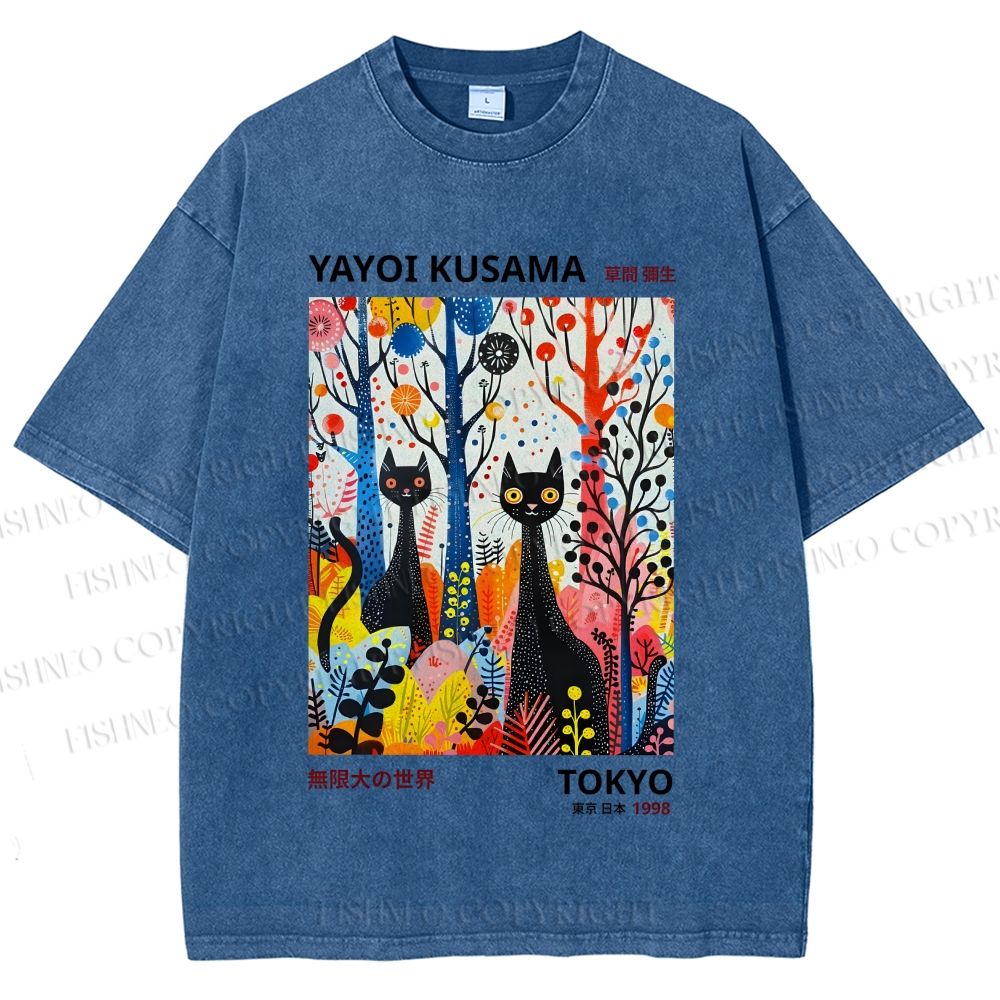 Unisex Yayoi Kusama Flower Cat Printed Washed Tee
