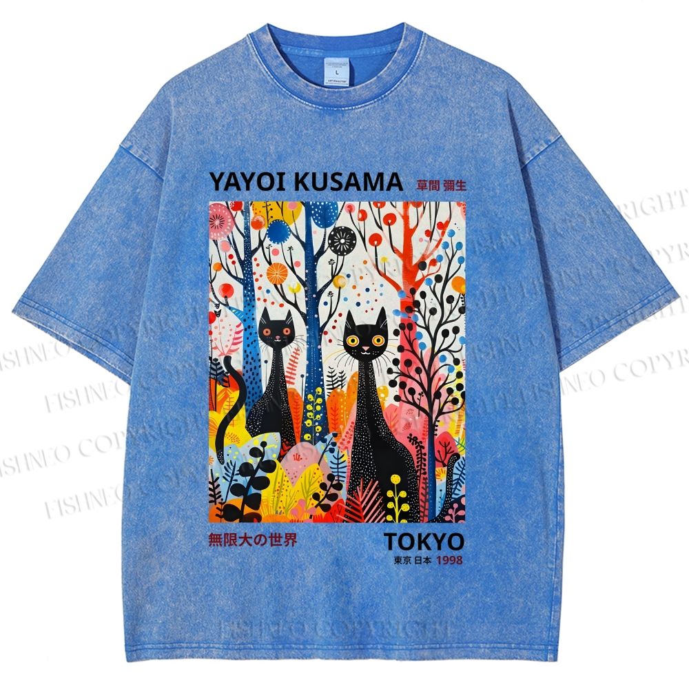 Unisex Yayoi Kusama Flower Cat Printed Washed Tee