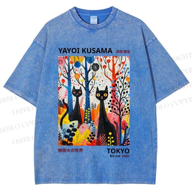 Unisex Yayoi Kusama Flower Cat Printed Washed Tee