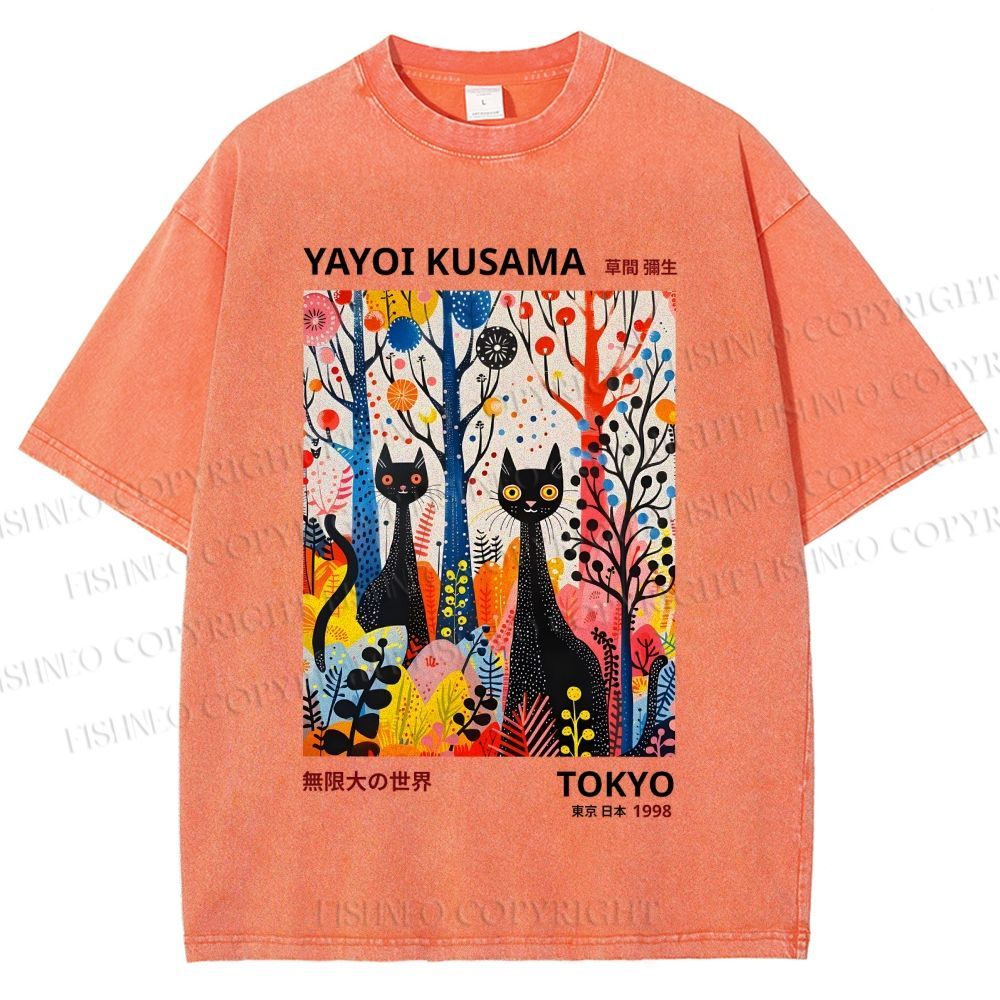 Unisex Yayoi Kusama Flower Cat Printed Washed Tee