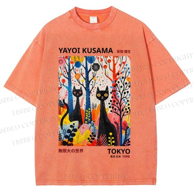 Unisex Yayoi Kusama Flower Cat Printed Washed Tee