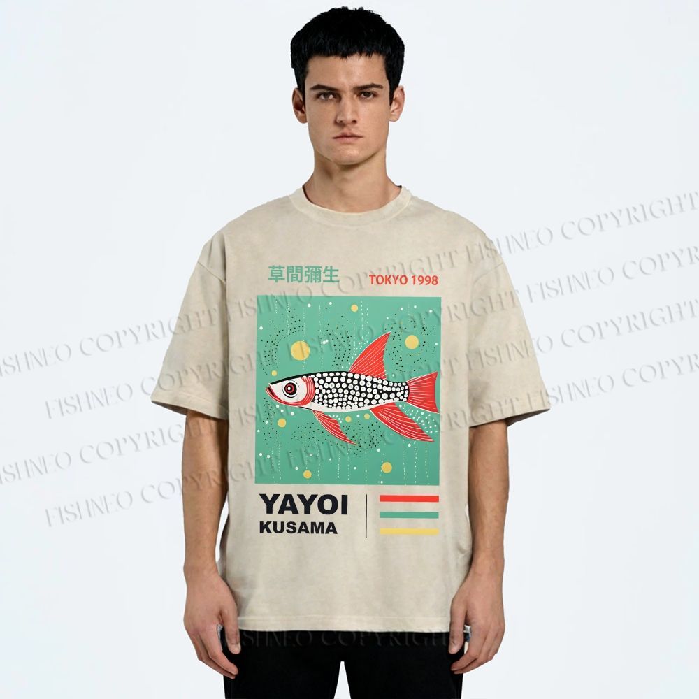 Unisex Yayoi Kusama Polka Dot Fish Printed Washed Tee