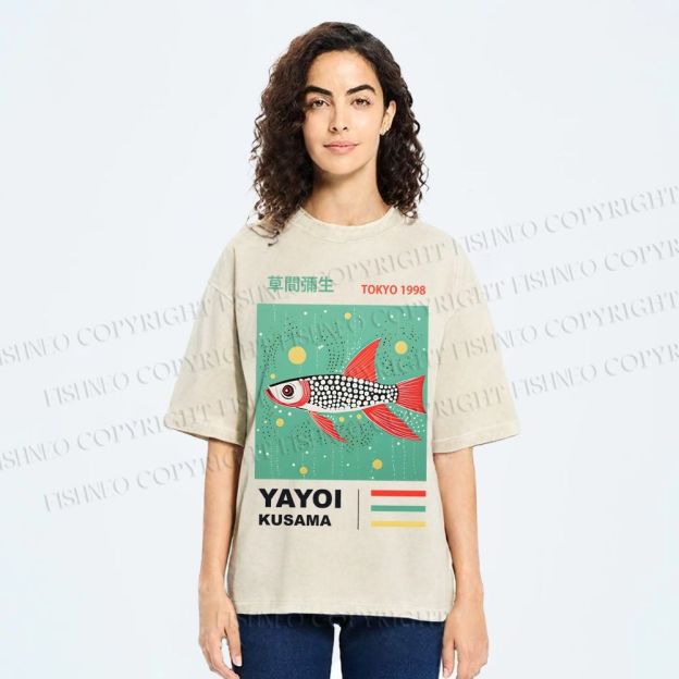 Unisex Yayoi Kusama Polka Dot Fish Printed Washed Tee