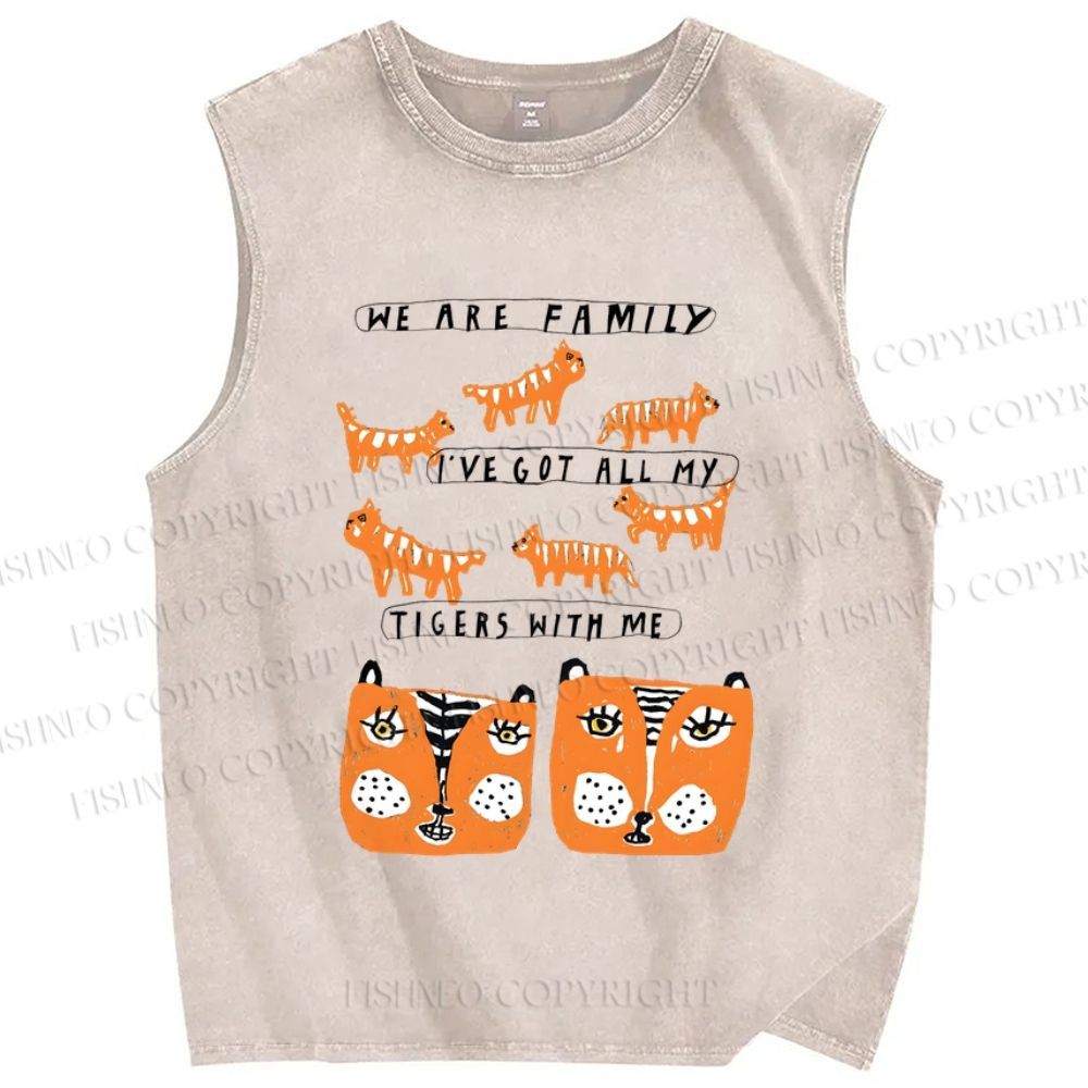 Unisex We Are Family Tiger Printed Washed Tank Top