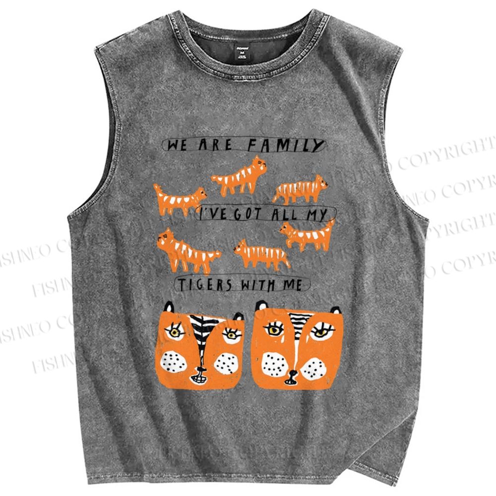 Unisex We Are Family Tiger Printed Washed Tank Top