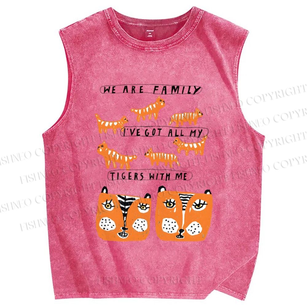 Unisex We Are Family Tiger Printed Washed Tank Top
