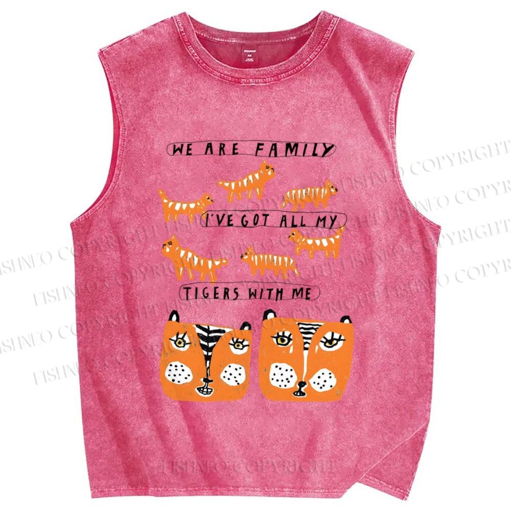 Unisex We Are Family Tiger Printed Washed Tank Top