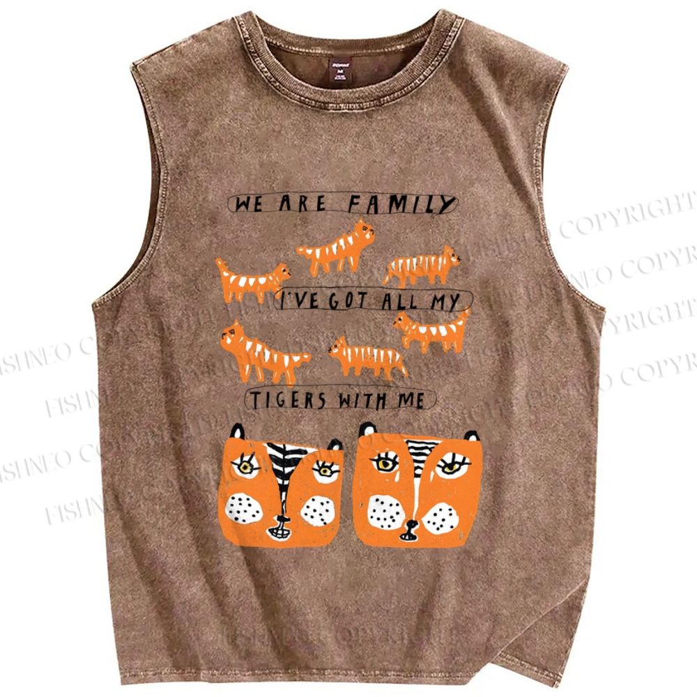 Unisex We Are Family Tiger Printed Washed Tank Top