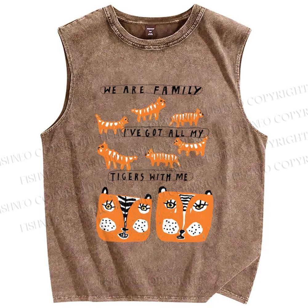 Unisex We Are Family Tiger Printed Washed Tank Top
