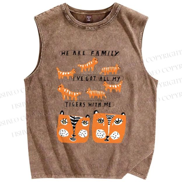 Unisex We Are Family Tiger Printed Washed Tank Top