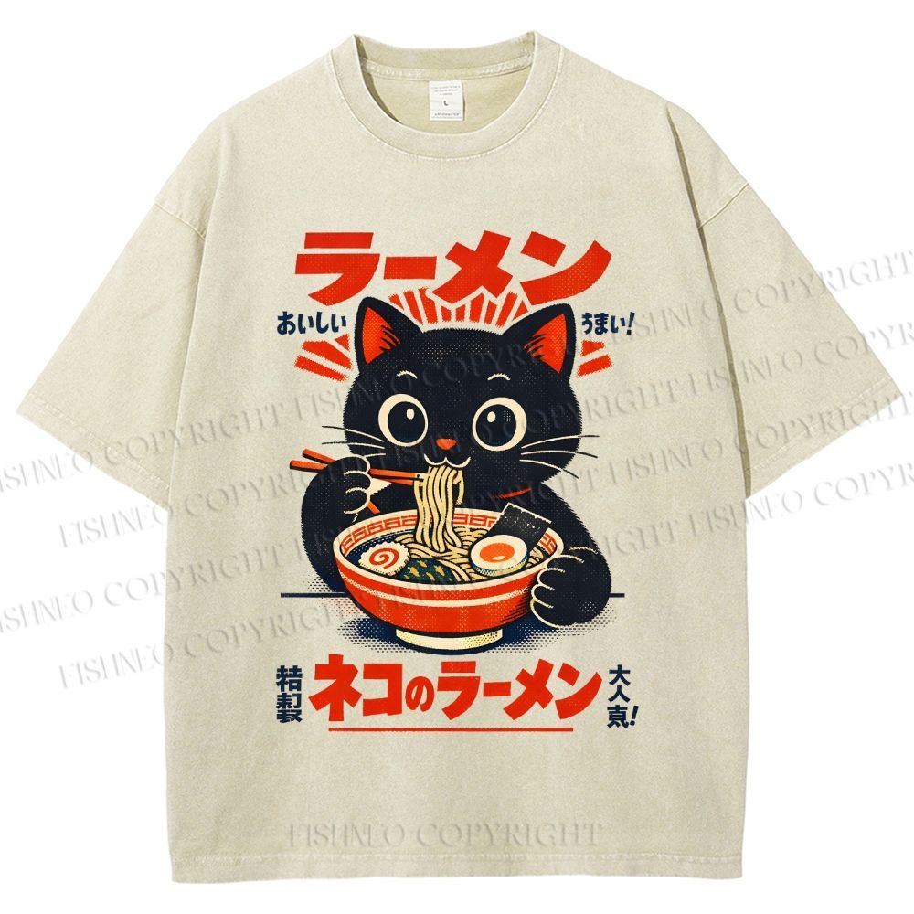 Unisex Ramen Black Cat Printed Washed Tee