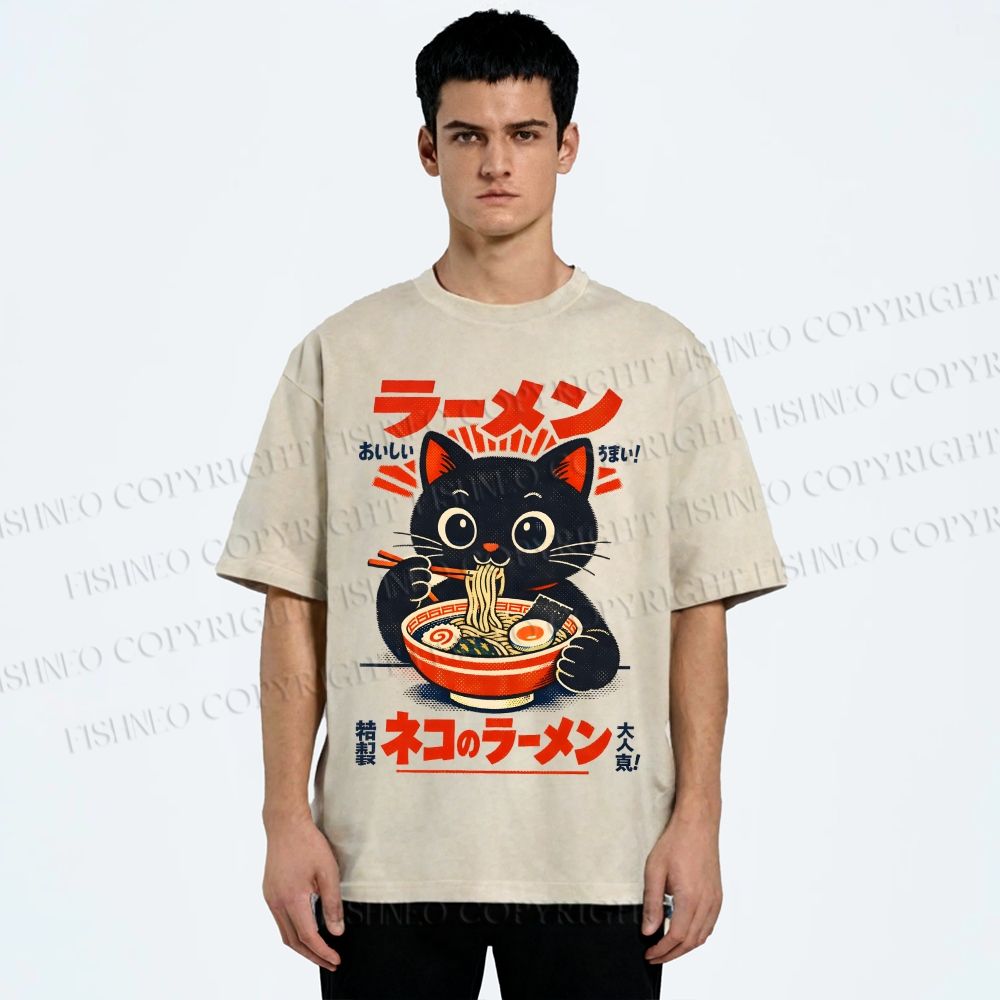 Unisex Ramen Black Cat Printed Washed Tee