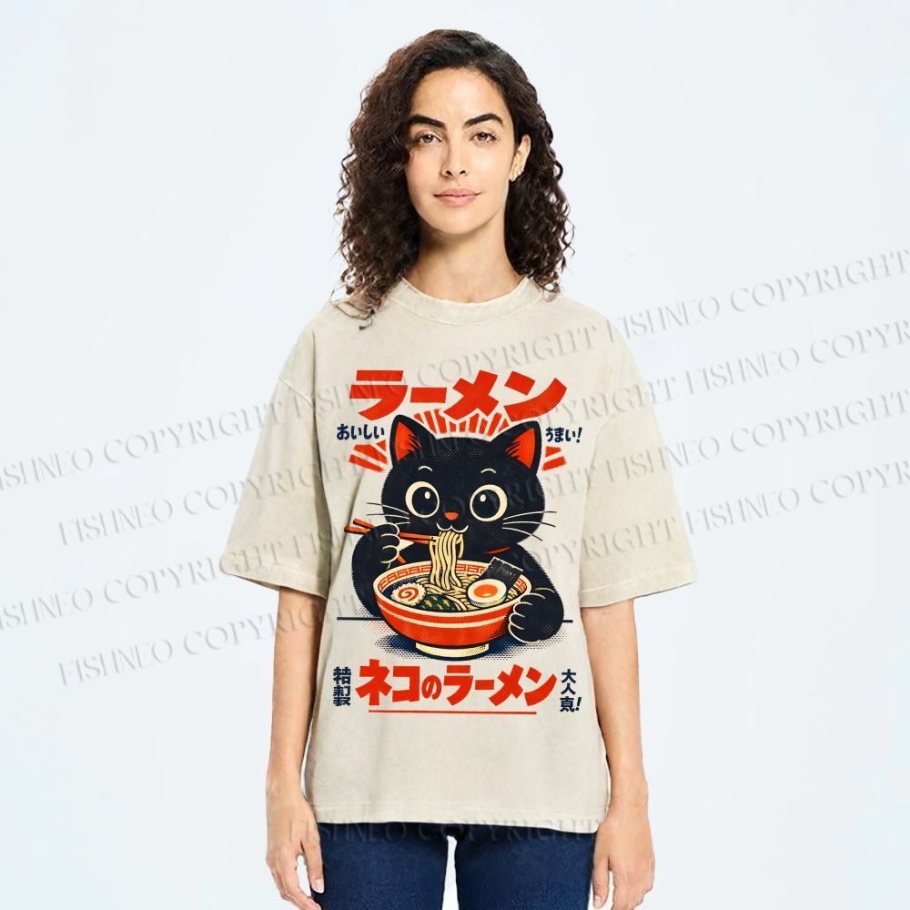 Unisex Ramen Black Cat Printed Washed Tee
