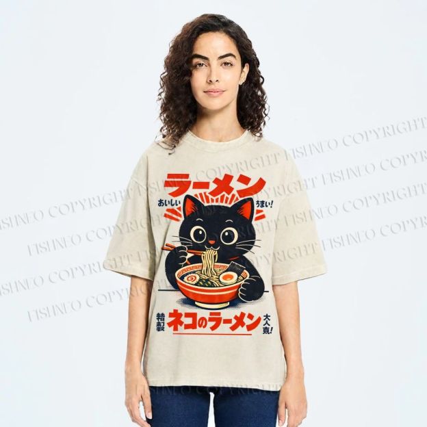 Unisex Ramen Black Cat Printed Washed Tee