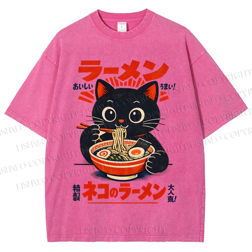Unisex Ramen Black Cat Printed Washed Tee