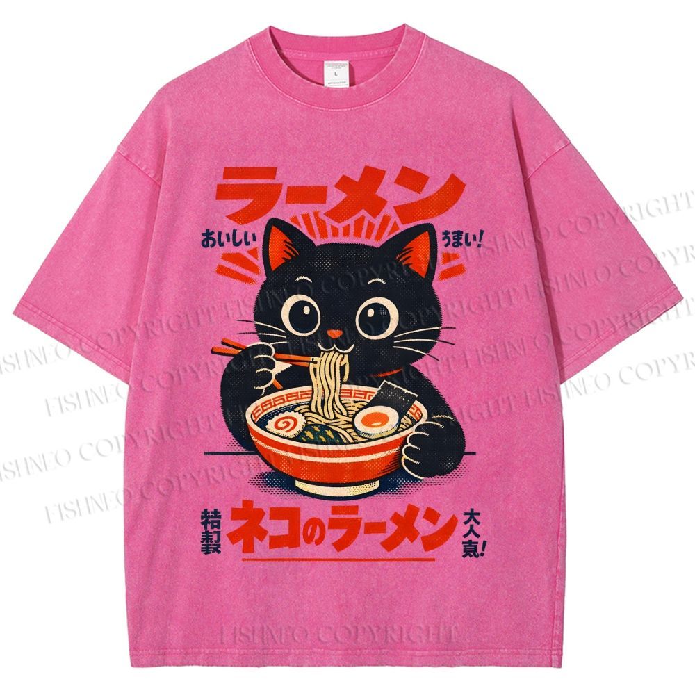 Unisex Ramen Black Cat Printed Washed Tee