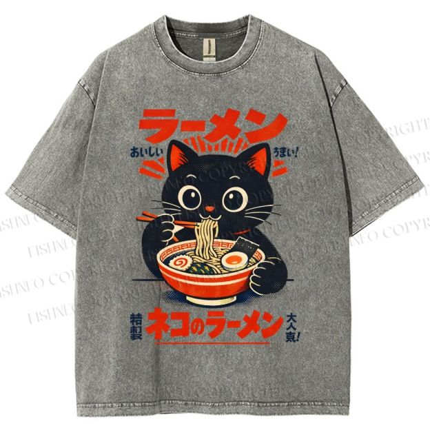 Unisex Ramen Black Cat Printed Washed Tee