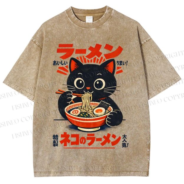 Unisex Ramen Black Cat Printed Washed Tee