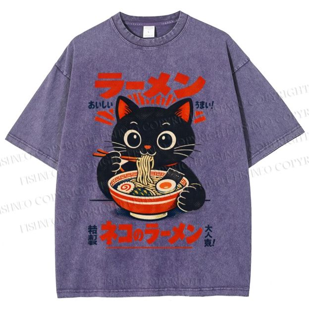 Unisex Ramen Black Cat Printed Washed Tee