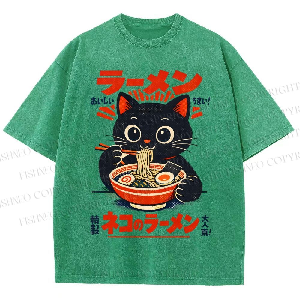Unisex Ramen Black Cat Printed Washed Tee