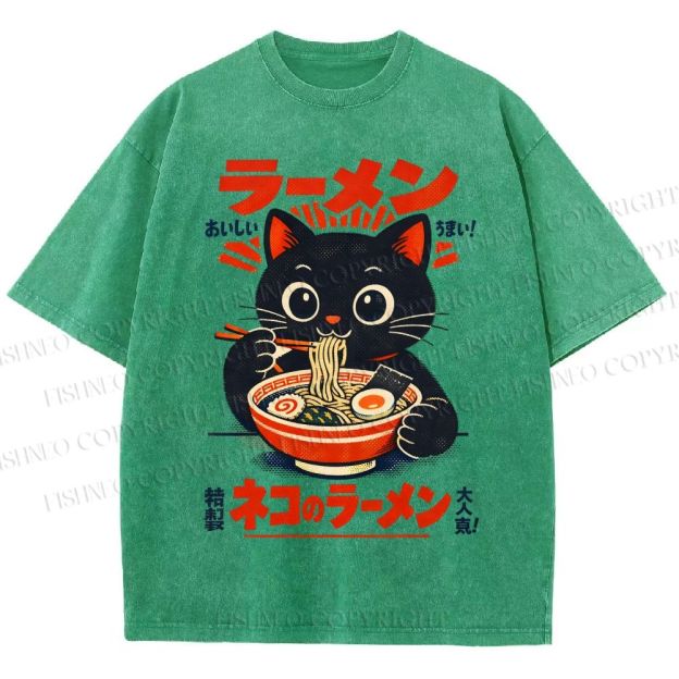 Unisex Ramen Black Cat Printed Washed Tee