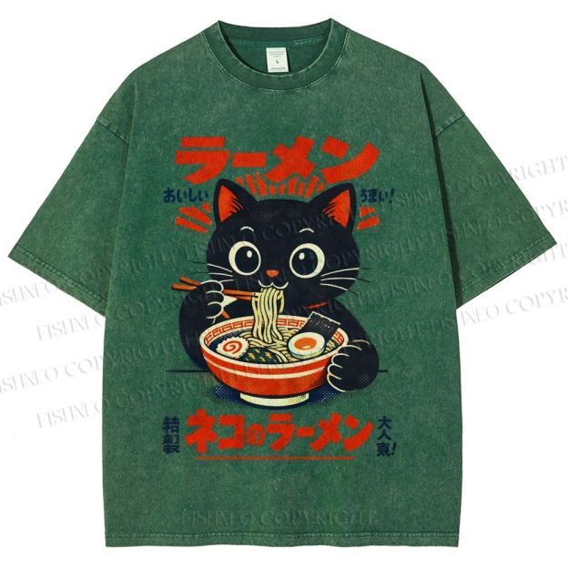 Unisex Ramen Black Cat Printed Washed Tee