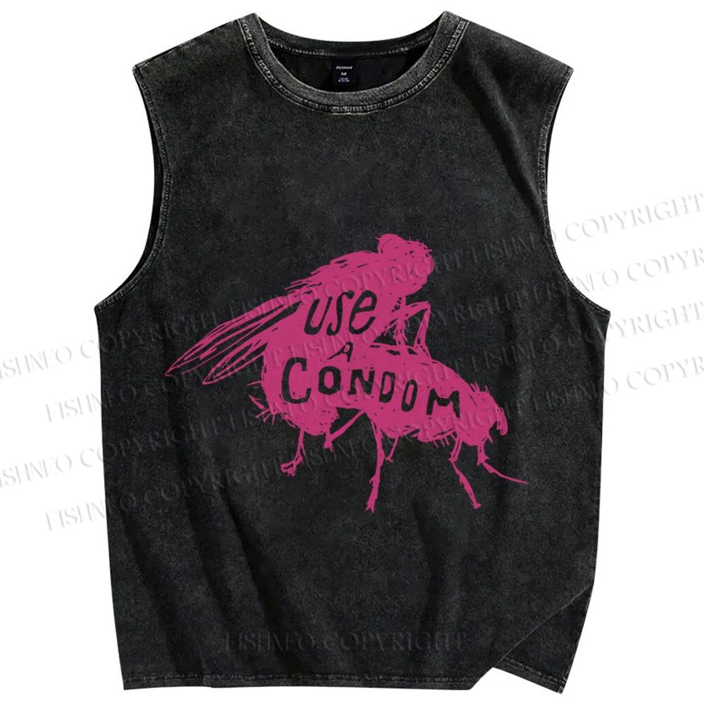 Unisex Use Condom Fly Printed Washed Tank Top