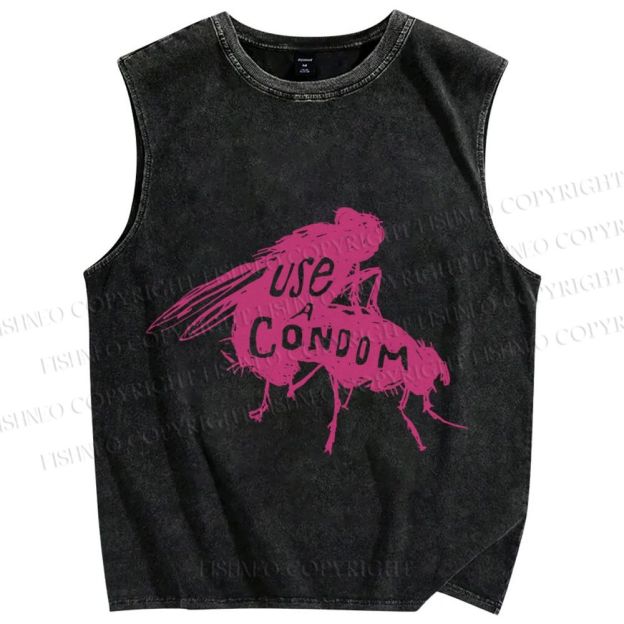 Unisex Use Condom Fly Printed Washed Tank Top